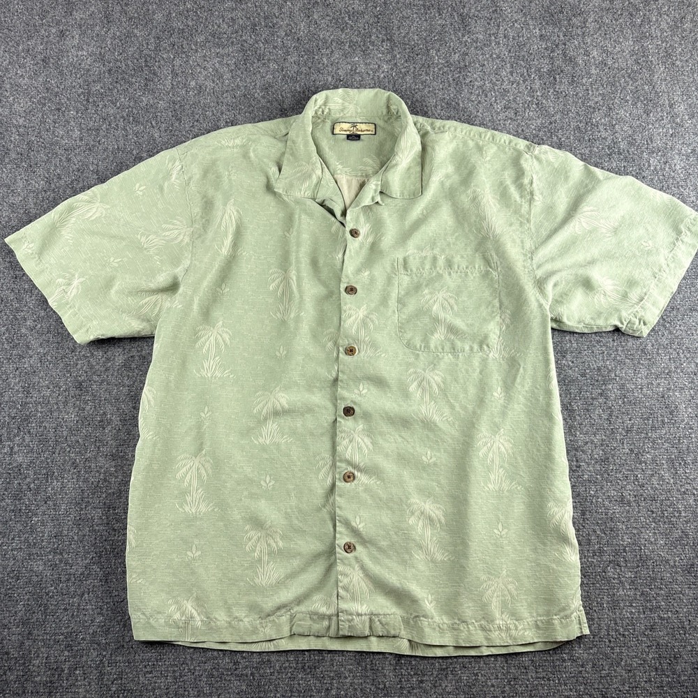 Vintage Tommy Bahama 100% Silk Camp Shirt XL Sage Green Tonal Palm Tree Jacquard